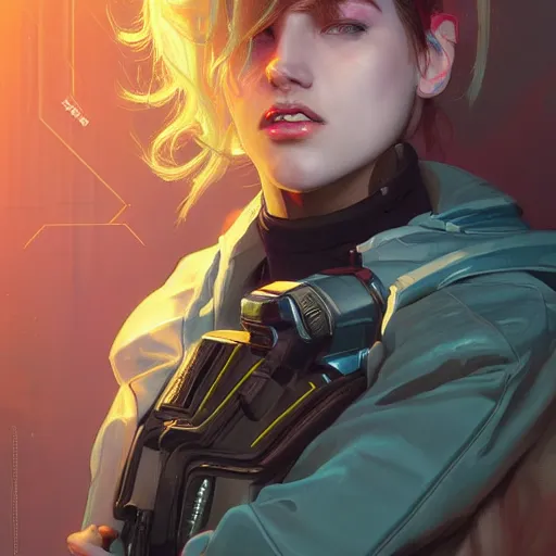 Image similar to portrait of a beautiful androgynous cyberpunk space ranger, tomboy style, soft lightning, high detailed, 8 k, artstation, by lane brown, by alphonse mucha, by sora kim, by helena nikulina,