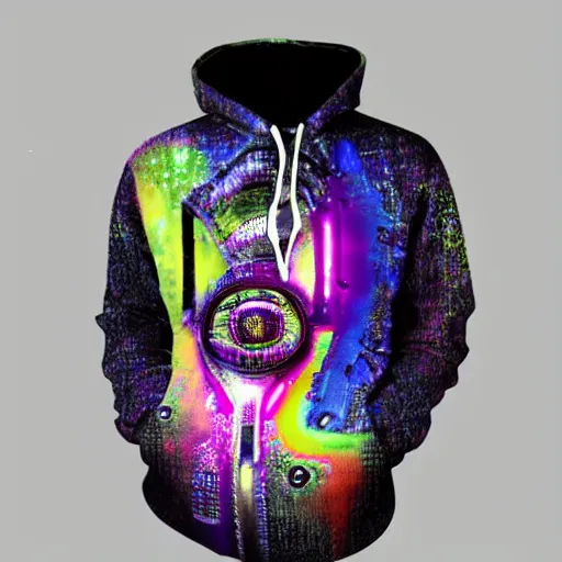 Image similar to black tshirt with a hyperdetailed portrait of a futuristic trippy fantasy punk robot, 8 k, symetrical, flourescent colors, halluzinogenic, multicolored,