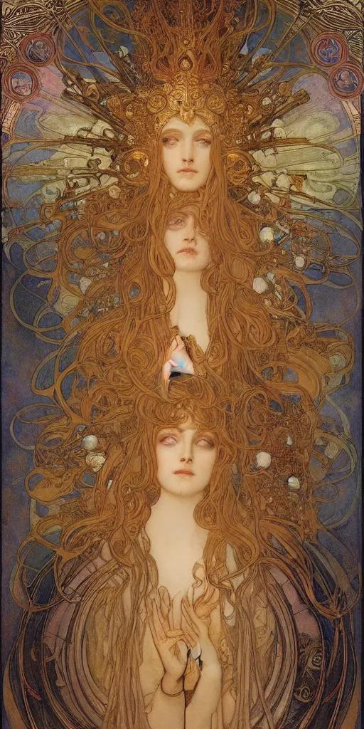 Image similar to portrait burning saint woman, venus, athena, halo, queen, by alphons mucha and annie swynnerton and jean delville, strong dramatic cinematic lighting, ornate headdress, flowing robes, spines, flowers, stars, lost civilizations, smooth, sharp focus, extremely detailed, marble, gold, space