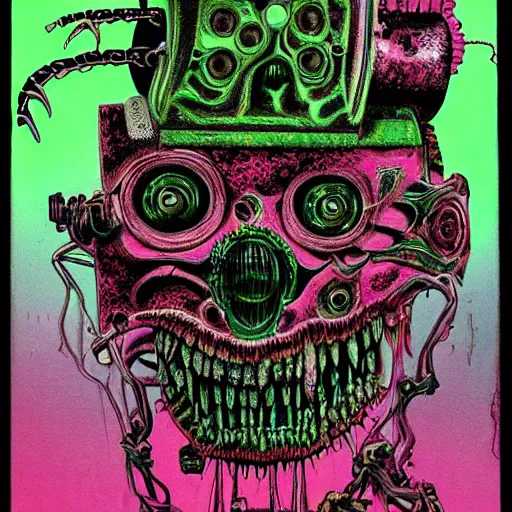 Prompt: garbled monstrosity, 1983 punk art, painted cover abject horror, dark pink and green, detailed, intricate, bizarre, bright, 80s sci fi weird artwork, dystopian
