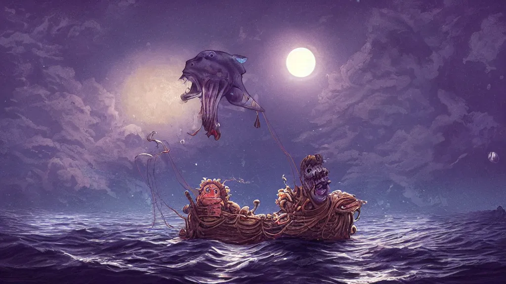 Prompt: a giant!!!!! anglerfish!!!!! at the surface of the water meets a sailor with a lantern!!!! on a sloop, background with large full moon and purple sky, in the styles of tom coletti, jorge jacinto, and thomas veyrat intricate, accurate details