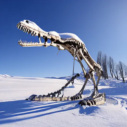 Prompt: snow landscape with gigantic dinosaur skeleton fossile bones half burried in snow