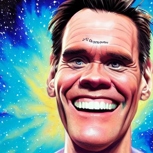 Image similar to jim carrey big smile exploding head, cosmic starfield background oil painting masterwork trending on artstation