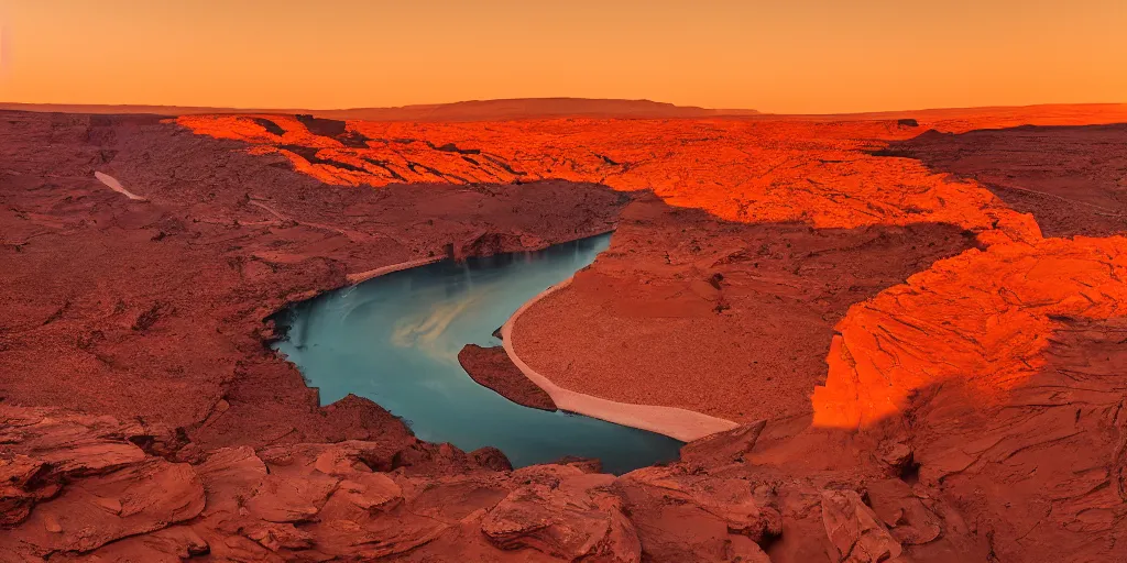 Image similar to a river bend running through a canyon surrounded by desert mountains at sunset on mars, planet mars, moab, utah, a tilt shift photo by frederic church, trending on unsplash, hudson river school, photo taken with provia, national geographic photo