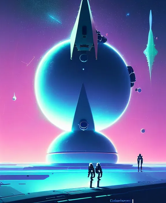 Prompt: robotic expedition to new star by christopher balaskas and anton fadeev and beeple and norman rockwell, asymmetrical!!, asymmetry!!, hyperrealistic, energy mote, solarpunk, high contrast, intricate details, ultra detailed, space, nebula, sharp focus, astronomy, complex architecture concept, crisp edges, hdr, mist, reflections