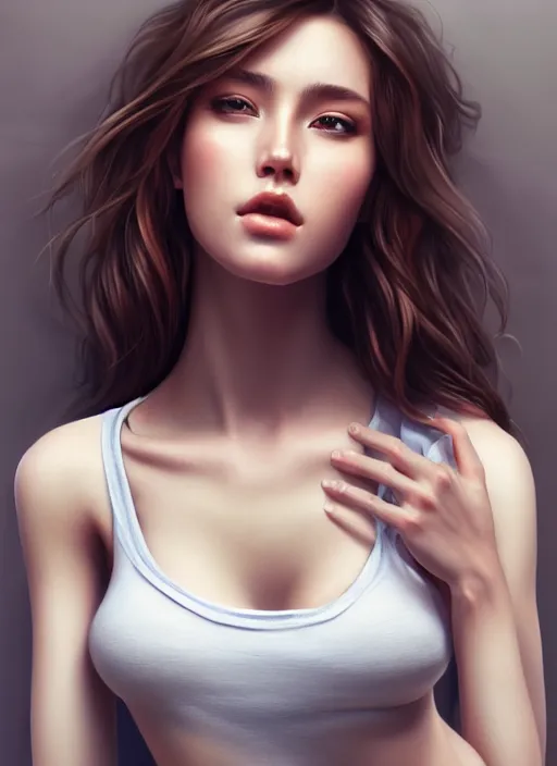 Prompt: beautiful full body girl, wearing jeans and top tank soft lighting, realistic wide angle, sharp focus, 8 k high, 6 4 megapixel, insanely detailed, intricate, elegant, art by artgerm and wlop