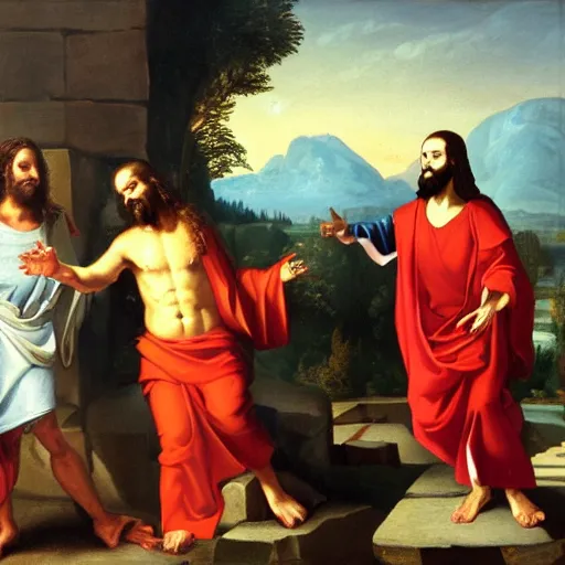 Prompt: painting of Jesus having a debate with Aphrodite