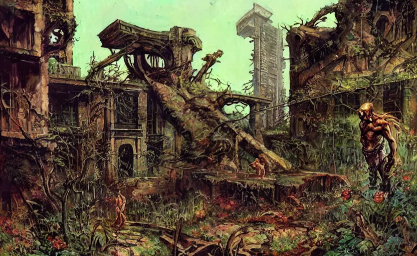 Prompt: abandoned alien building ruins overgrown with nature and zombies. highly detailed science fiction painting by norman rockwell, frank frazetta, and syd mead. rich colors, high contrast, gloomy atmosphere, dark background. trending on artstation