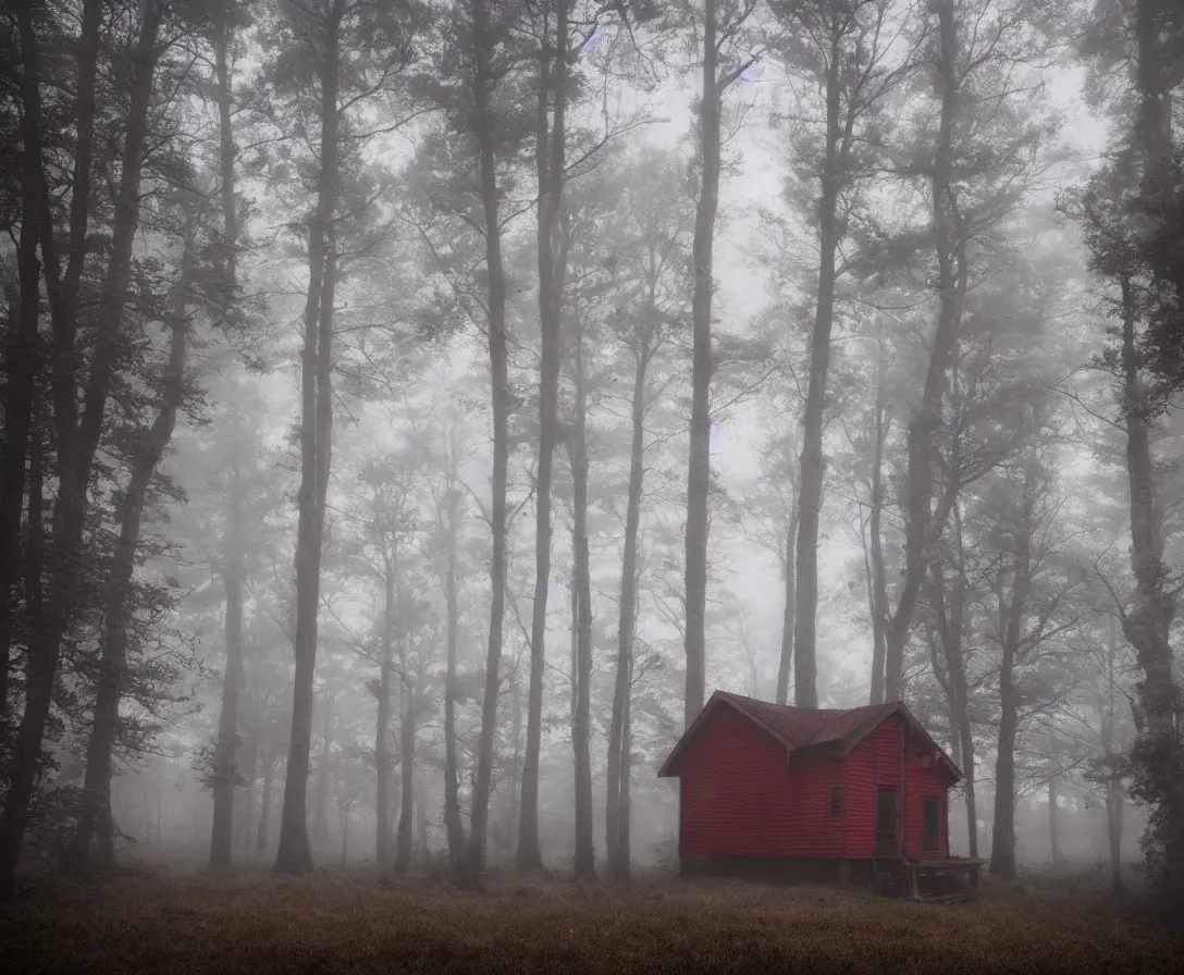 Image similar to a creepy cabin in the middle of a foggy haunted forest, nightmare, horror, haunting, soft tones, red sky, ominous lighting, dark, stormy