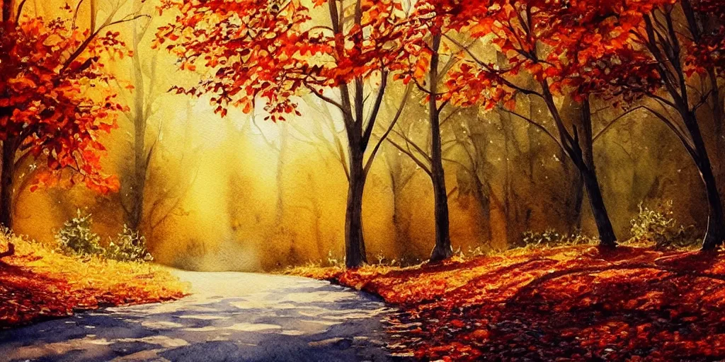 Image similar to autumn nature landscape, watercolor, ultra realistic, highly detailed, hd, sharp focus, cinematic lighting, warm colors, realistic, photorealistic, vivid colors, painting, digital art, non blurry, sharp, artstation, smooth, illustration