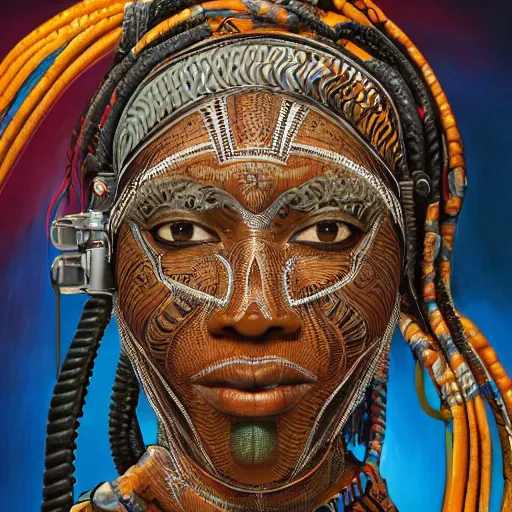 Prompt: a centered realistic portrait of an intricately detailed cyborg with african mask, perfect face, fine details, lots of thick long braids and electrical cables, colorful - patterns, cyber - punk background, professional studio lighting with subtle shadows, hyper realism, art by tim okamura and karol bak, blender cycles render, 8 k