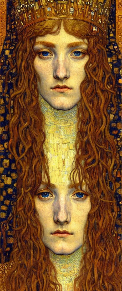 Image similar to detailed realistic beautiful young medieval queen face portrait by jean delville, gustav klimt and vincent van gogh, art nouveau, symbolist, visionary, gothic, pre - raphaelite, muted earthy colors, desaturated