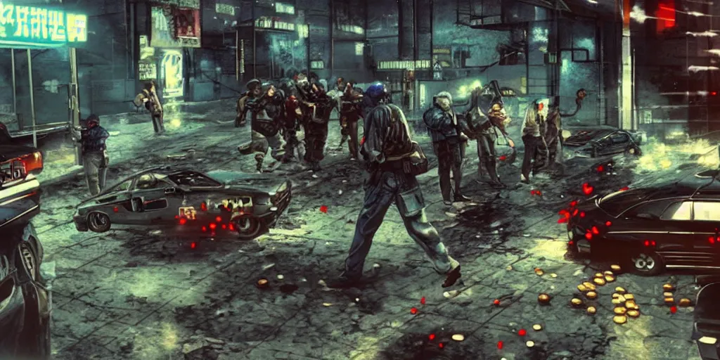 Prompt: 1991 Video Game Screenshot, Anime Neo-tokyo Cyborg bank robbers vs police, Set in Bank Vault Room, bags of money, Multiplayer set-piece, Police officers hit by bullets, Bullet Holes and Blood Splatter, Hostages, Smoke Grenades, Large Caliber Sniper Fire, Chaos, Cyberpunk, Money, Anime Bullet VFX, Machine Gun Fire, Violent Gun Action, Shootout, Highly Detailed, 8k :4 by Katsuhiro Otomo + Studio Gainax : 8