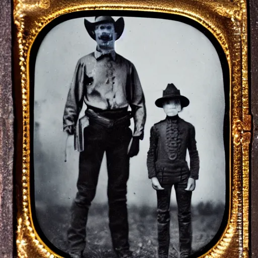 Image similar to alien standing next to cowboy, tintype photograph