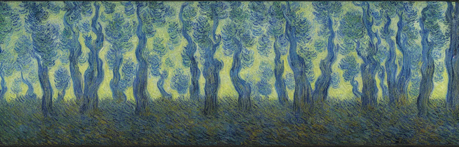Prompt: An aesthetically pleasing, dynamic, energetic, lively, well-designed digital art of juniper trees in a forest at night in a low mist, light and shadow, chiaroscuro, by Claude Monet and Vincent Van Gogh, superior quality, masterpiece, excellent use of negative space. 8K, superior detail.