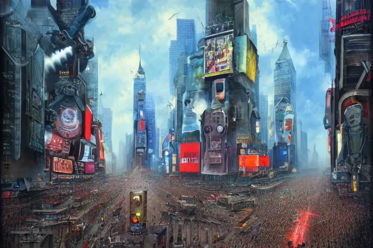 Image similar to 1 9 5 0's robots attacking times square highly detailed, us air force vintage planes firing guns explosions people running for dear life, atmosphere by peter mohrbacher and igor morski, very detailed, 2 4 mm lens, deep depth of field, artstation, 8 k