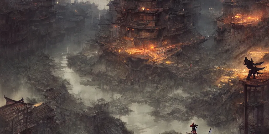 Image similar to A samurai is searching a new hidden city, a fantasy digital painting by Greg Rutkowski and James Gurney, trending on Artstation, highly detailed, hyperrealistic, realistic, photorealistic, dynamic lighting, highly detailed, cinematic landscape, studio landscape, studio lighting