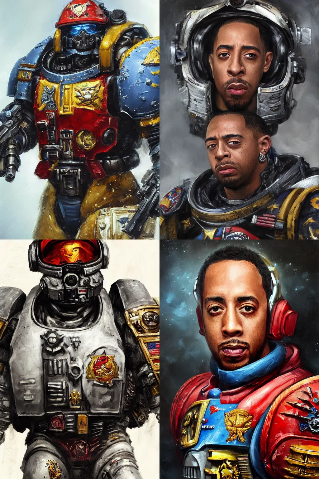 Prompt: A hyperdetailed digital oil portrait painting of Ludacris as a Space Marine from Warhammer 40k, in the style of Guy Denning and Ruan Jia. Trending on ArtStation and DeviantArt. Digital art.