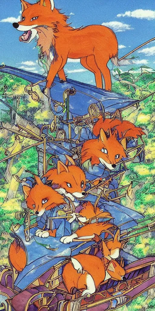 Image similar to a mystical chariot drawn by foxes in japan, 1990s anime, full color, tarot card the chariot,