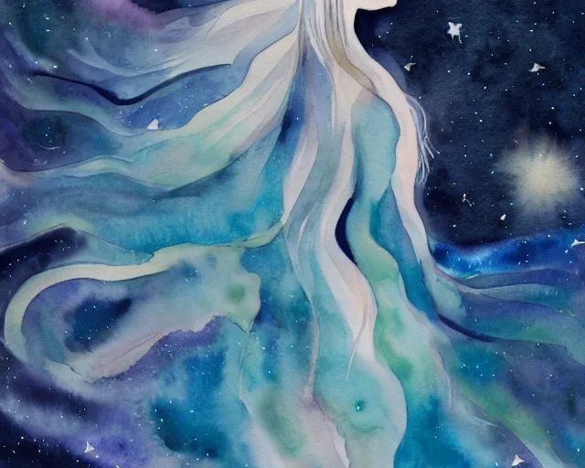 Image similar to an outline of a woman with long hair flowing behind her ; the hair is a large nebula in space with stars : watercolor painting on white paper, small detailed?, abstract art, minimalism, painterly style, 4k ultra hd, on artstation