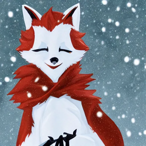 Image similar to an anthropomorphic fox fursona wearing a scarf in the snow, cartoon, trending on artstation, furry art