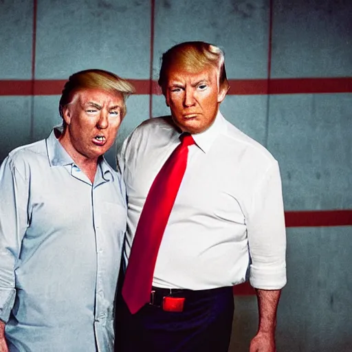 Prompt: TV show still of donald trump and alex jones together jail photograph, sitcom, natural light, sharp, detailed face, magazine, press, photo, Steve McCurry, David Lazar, Canon, Nikon, focus