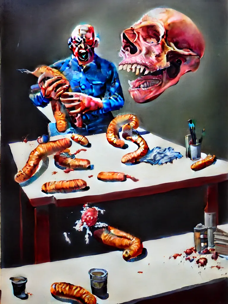 Prompt: a perfect hyperrealist colour painting of a man at a desk, his head has burst open and a bouquet of dogs and frankfurters has erupted from his shattering skull. he is coated in one inch thick foaming saliva. perfect studio lighting.