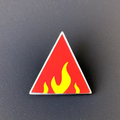 Image similar to a retro minimalistic triangle enamel pin of a retro minimalistic flame fire warning label, smooth curves