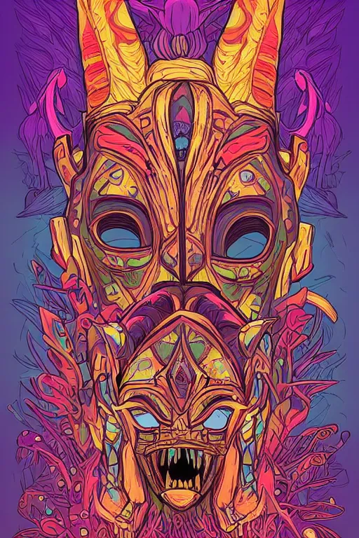 Prompt: animal mask totem tribal feather gemstone plant wood rock shaman vodoo video game vector illustration vivid multicolor borderlands comics by josan gonzales and dan mumford radiating a glowing aura