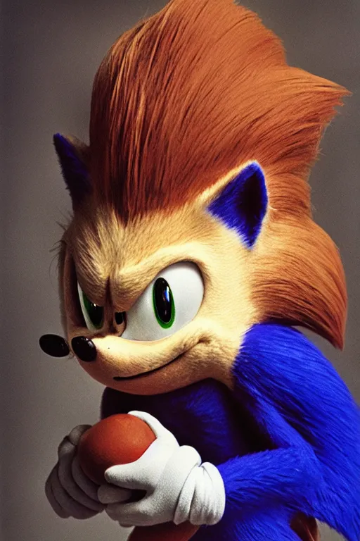 Prompt: Sonic the Hedgehog, 35mm, f2.8, award-winning, candid portrait photo, taken by annie leibovitz