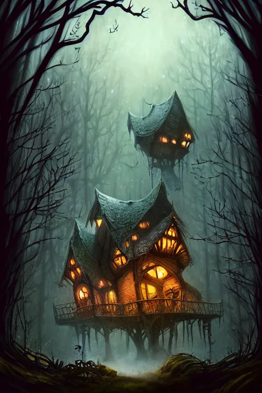 Prompt: a storybook illustration of a scary ramshackle multistory fairytale hut in the creepy forest, intricate, elegant, fantasy, highly detailed, digital painting, concept art, sharp focus, artstation, eerie, horror