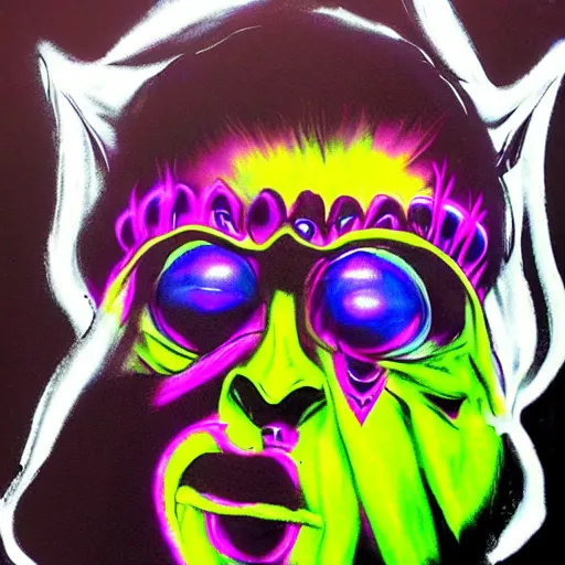 Prompt: psychedelic blacklight airbrush artwork of a stylized orc biker