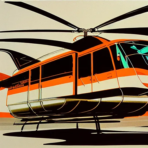 Image similar to concept art for bus + helicopter, painted by syd mead, high quality