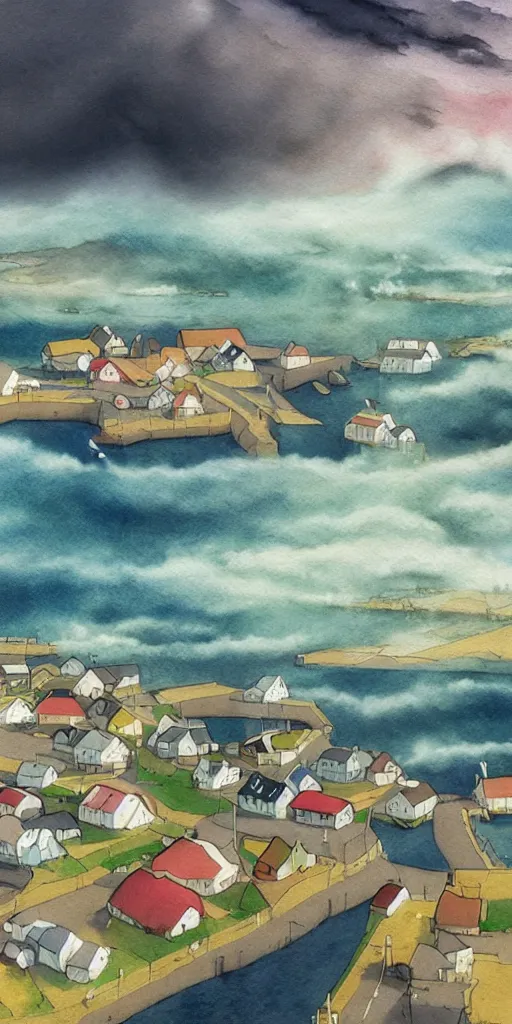 Image similar to a beautiful painting of a icelandic fishing village, storm clouds gathering over the town, by studio ghibli 8 k pastel colours, isometric drone shot smeared watercolours, golden light film grain