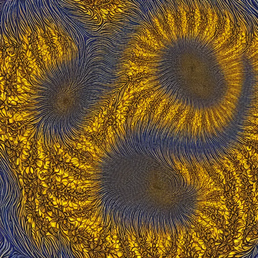 Image similar to award winning fine artwork of hypnotizing sunflower patterns, golden ratio, mandelbrot fractal