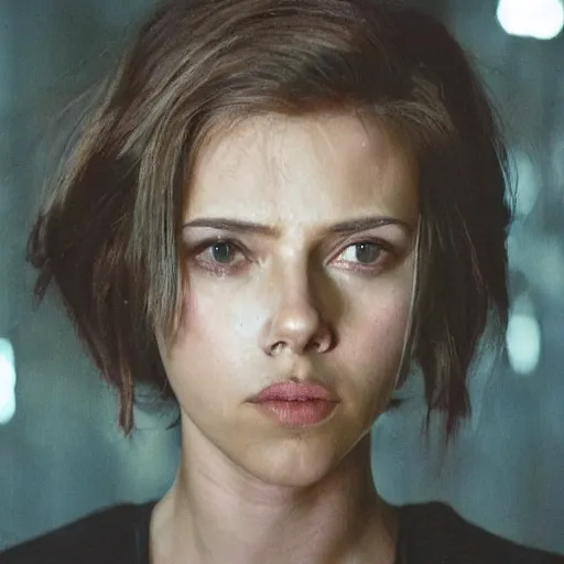 Prompt: a beautiful medium - shot still of scarlett johansson from ghost in the shell, cyberpunk style, looking off into the distance, a - line bob hairstyle, black hairs, ultra realistic, soft, blue hour, soft neons light from night city falling on her face. focus on her eyes and brows. by annie leibowitz