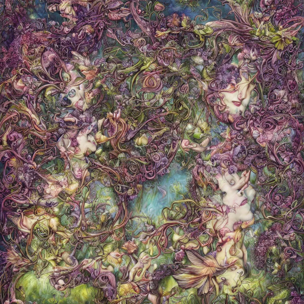 Image similar to wimmel bild by hannah yata, fairy creatures, surrealism, nature,