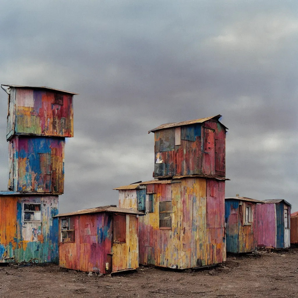 Image similar to two towers made up of colourful makeshift squatter shacks with faded colours, plain uniform sky at the back, soft focus, mamiya rb 6 7, f 1. 8, photographed by uta barth