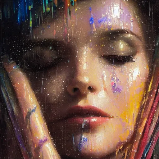 Prompt: detailed face of a woman clothed wrapped in textiles, lush, opulent, shards, utopian, tech noir, wet reflections, prism, atmospheric, ambient, pj crook, syd mead, livia prima, artgerm, greg rutkowski, nick alm, casey baugh