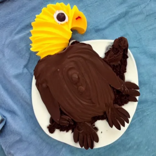 Image similar to a bald eagle made of chocolate powder, mango, and whipped cream