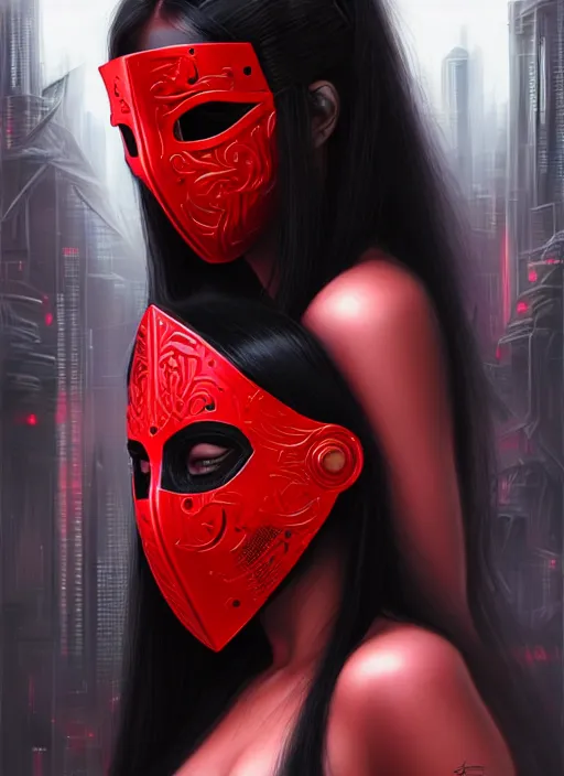 Image similar to portrait of long black hair girl within a red steel mask and streetwear. cynical face, concept art, cyberpunk illustration, intricate, highly detailed 8 k, smooth, matte, sharp focus, rim light, beautiful and aesthetic shape of face and body, artgerm, artstation, art by gharliera and rinotuna and junpei