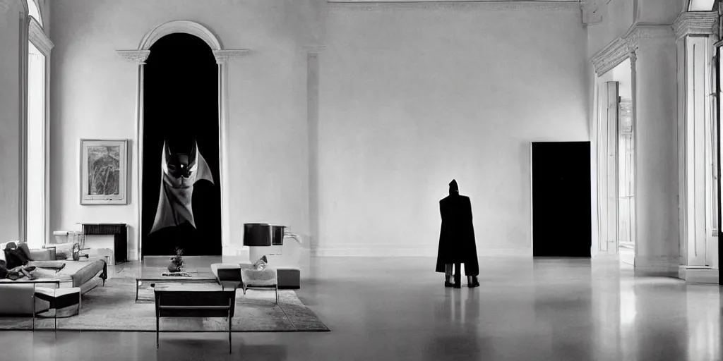 Image similar to Batman standing in giant Italian modern castle living room, clean minimalist design, that is 1300 feet tall, with very tall giant walls filled with modern art paintings, doors that are cosmic portals, photo by Annie Leibovitz