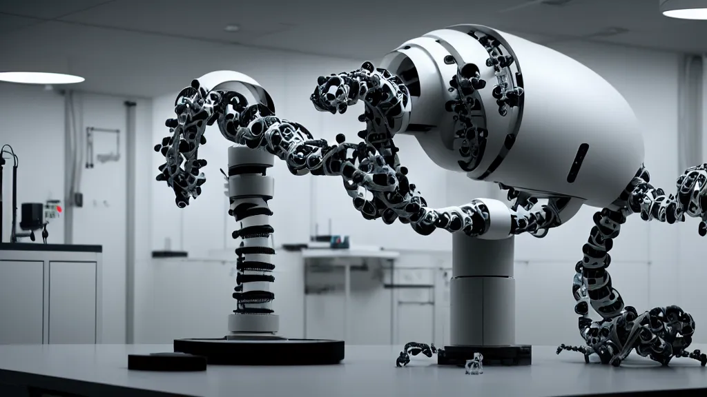 Image similar to a complex bifurcated robotic cnc surgical arm hybrid mri 3 d printer machine making swirling black and white ceramic mandlebulb mutant forms in the laboratory inspection room, film still from the movie directed by denis villeneuve with art direction by salvador dali, wide lens, f 3 2, cinematic lighting, studio quality, smooth render, unreal engine 5 rendered, octane rendered