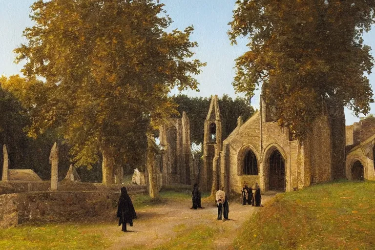 Prompt: a detailed oil painting of darth vader leaving a medieval flint church,, quaint english, churchyard, trees, golden hour