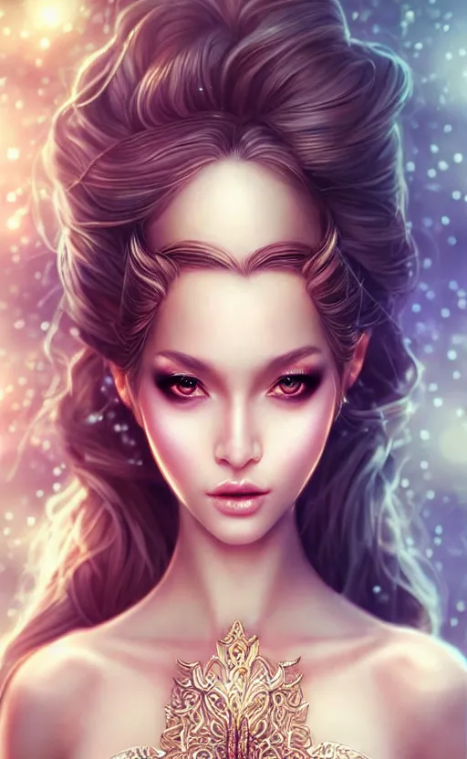 Image similar to a fantasy photo of gorgeous russian female, evening gown, bokeh, medium shot, beautiful face, professionally retouched, soft lighting, realistic, smooth face, perfect eyes, sharp focus, 8 k realistic high definition, insanely detailed, intricate, elegant, art by artgerm and kyoung hwan kim