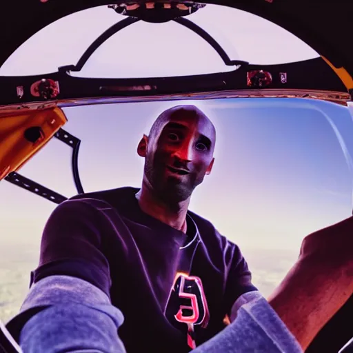 Image similar to selfie of kobe bryant in a helicopter, smoke around him, 8k resolution, hyper detailed, shot in the air