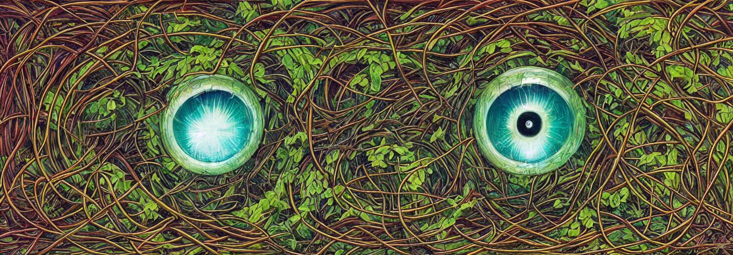 Prompt: many large beautiful eyeballs inside of extremely thick iridescent vines intertwined, central composition, high saturation, epic lighting, in the style of Peter gric and Amanda Sage 8k