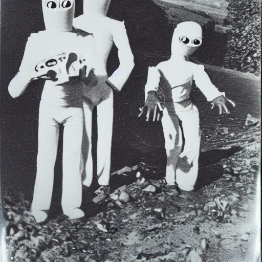 Image similar to polaroid photograph of horrorific extraterrestrial beings visiting earth, 1 9 5 0