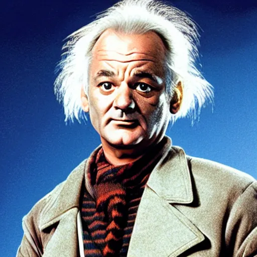 Image similar to bill murray plays doc brown in back to the future, film still, promotional shot