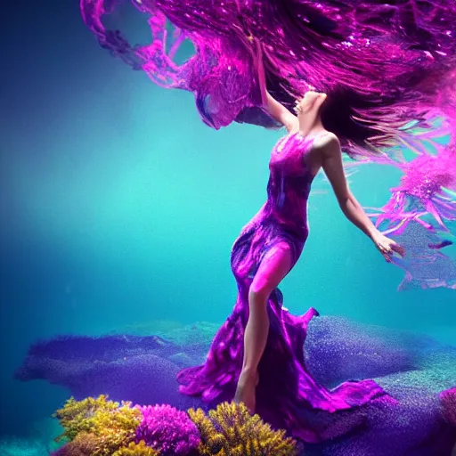 Image similar to beautiful realistic woman dancing underwater wearing a flowing dress made of blue, magenta, and yellow seaweed, delicate coral sea bottom, swirling silver fish, swirling smoke shapes, octane render, caustics lighting from above, cinematic